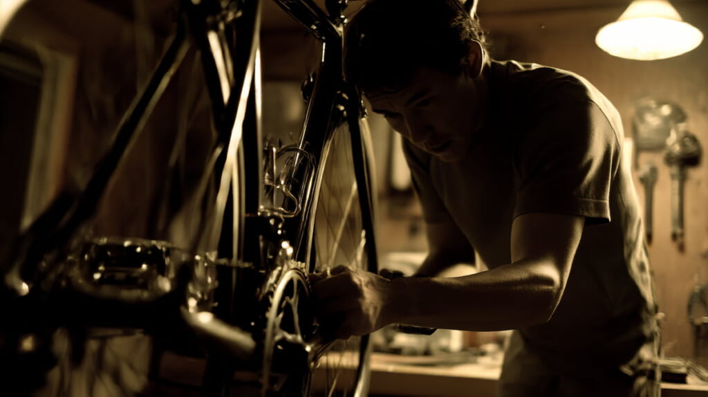 ペダルとクランクの接合部を工具で締め直すメンテナンス作業の様子