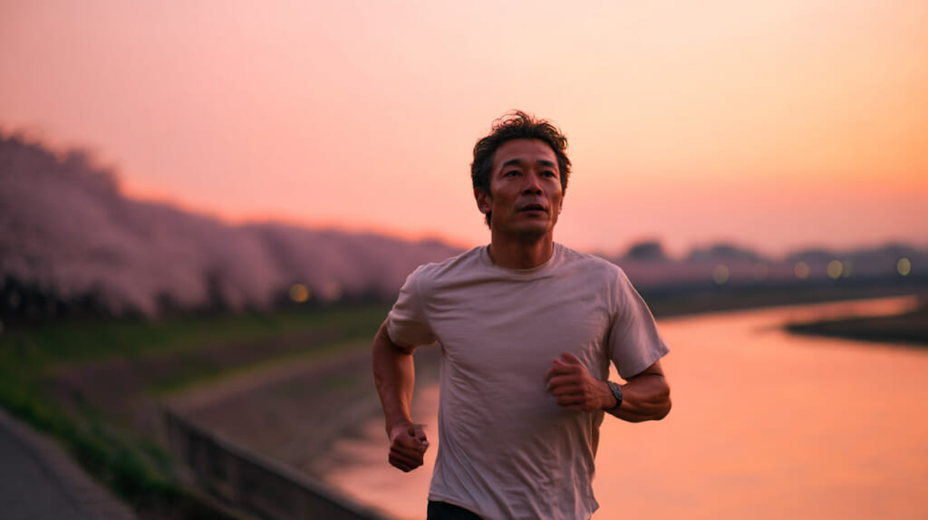 川沿いを走る40代日本人ランナーのトレーニング風景