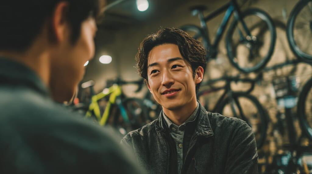 クロスバイクのボトムブラケットを点検する整備士の様子