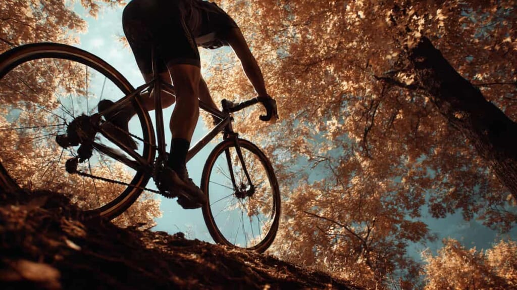 坂道で強く踏み込むクロスバイクのチェーンリングとペダリングの様子