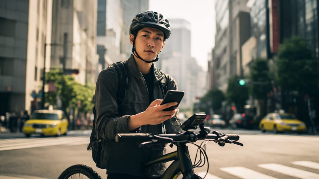 クロスバイクにスマホホルダーを装着して安全に使う日本人サイクリストのイメージ