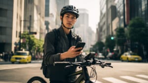 クロスバイクにスマホホルダーを装着して安全に使う日本人サイクリストのイメージ