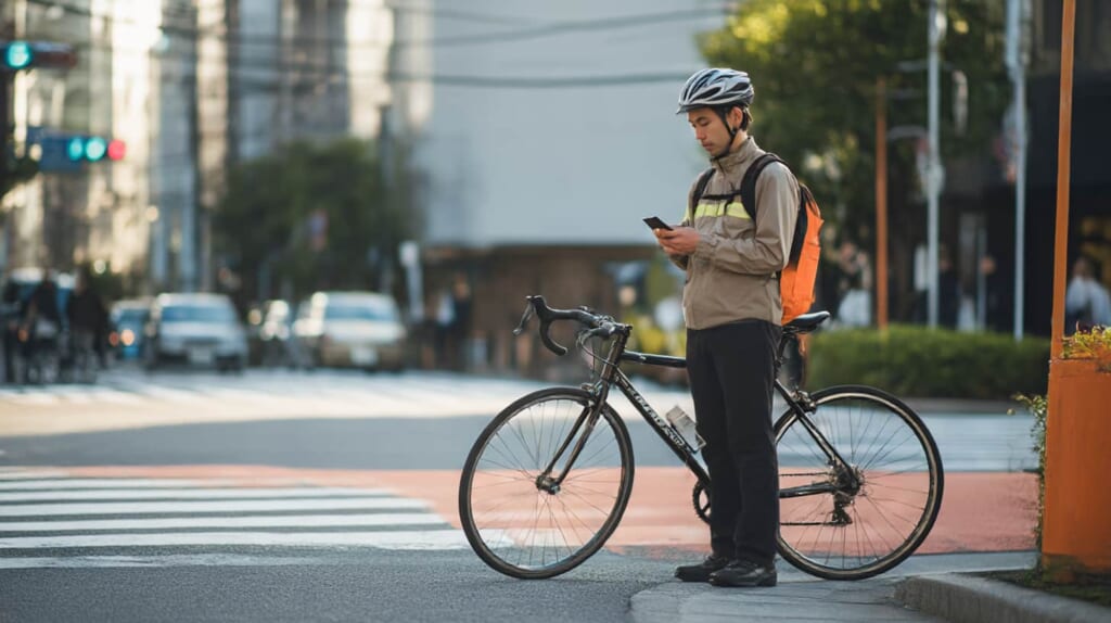走行中は画面を見ず停車してスマホを確認する日本人サイクリスト