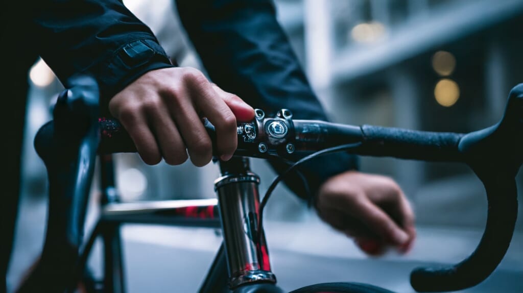 クロスバイクのハンドル径や取付スペースを確認する日本人サイクリスト