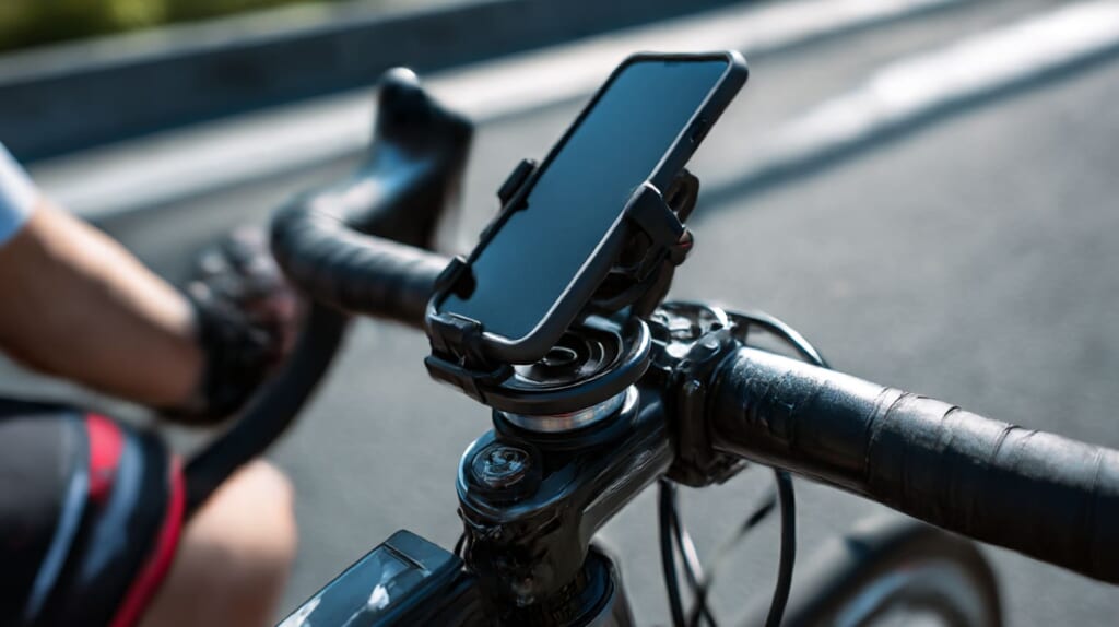 防振ダンパー付きスマホホルダーを装着したクロスバイクの高精細イメージ