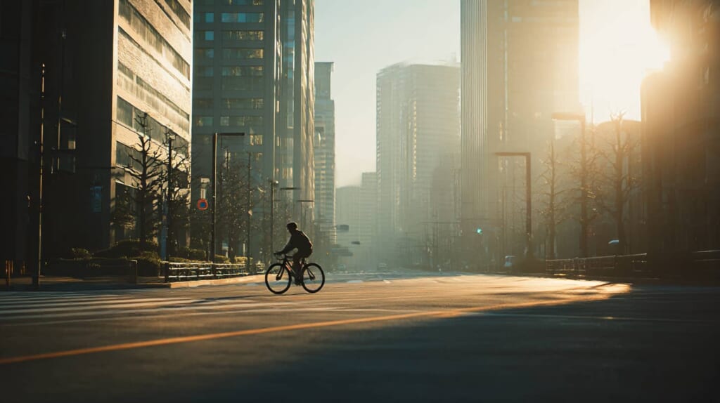 最適な通勤自転車を選んで満足げに出勤する日本人男性のイメージ
