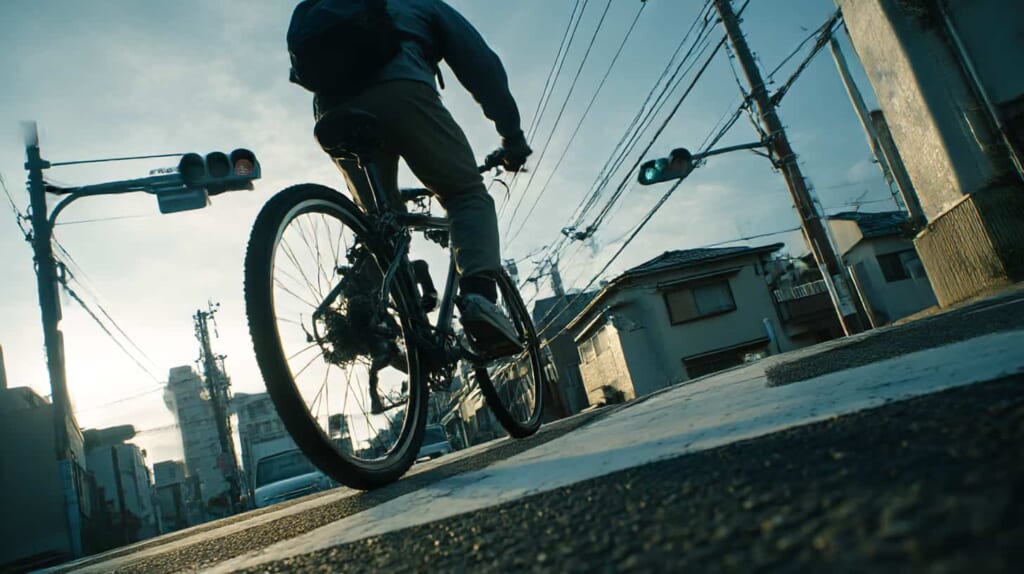 重い通勤自転車の取り回しや坂道発進の大変さを示す日本人男性のイメージ