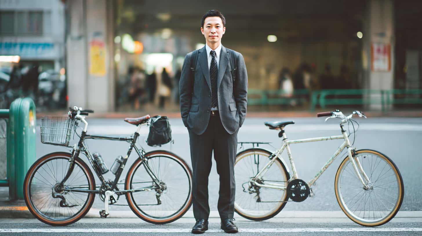 通勤用クロスバイク2台を前に、都市部で比較検討する40代日本人男性のイメージ